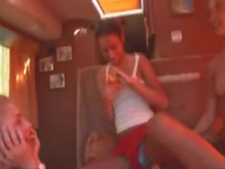 Three athletic babes in x rated video bus